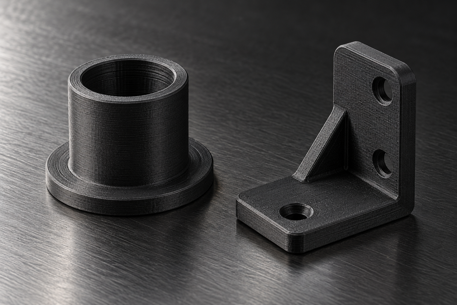 Illustration de deux pièces techniques noires imprimées en 3D
